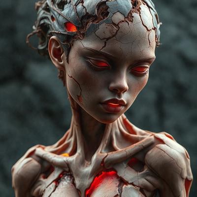 The primary subject of the image is a sculpture of a woman with a heart-shaped red light in her chest. The sculpture is made of stone and has a unique, artistic appearance. The setting is a dark room, which adds to the dramatic and mysterious atmosphere of the scene. The visual style is a combination of digital art and illustration, creating a striking and intriguing image. The colors and mood are predominantly dark and moody, with the red heart light providing a contrasting and eye